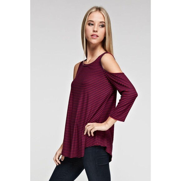 Women’s Magenta Navy Striped Cold Shoulder Top Long Sleeve Size M - Picture 5 of 12